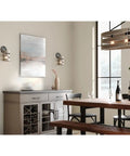 Dining room with Gulliver Sconce Graphite Finish With Embossed Wood Grain Metal Banding Dual Tone Rustic Modern Farmhouse lighting.