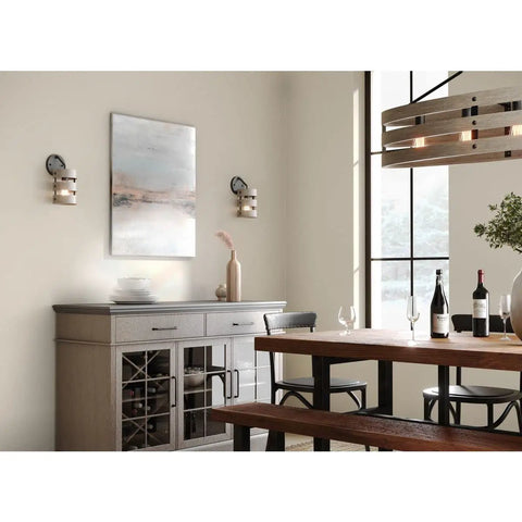 Dining room with Gulliver Sconce Graphite Finish With Embossed Wood Grain Metal Banding Dual Tone Rustic Modern Farmhouse lighting.