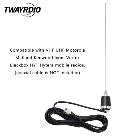 NMO Dual Band Antenna For 144 430 MHz VHF UHF Mobile Radios With Beast Gain 3.0dBi At 144 MHz And 5.0dBi At 430 MHz Low SWR Under 1.5 Easy Mount For Motorola Kenwood Icom Vertex Hytera Radios Requires NMO Mount with coaxial cable shown