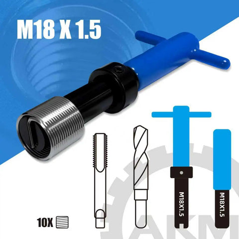 Image showing the M18x1.5 15 Piece Metric Thread Repair Kit with a tap, drill bit, and installation tools for durable thread restoration.