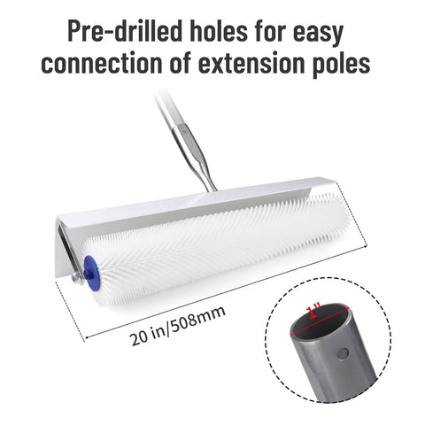 Spiked Roller For Self Leveling Concrete Floors, 20 Inch Total Length, pre-drilled holes, chrome frame, extension pole detail