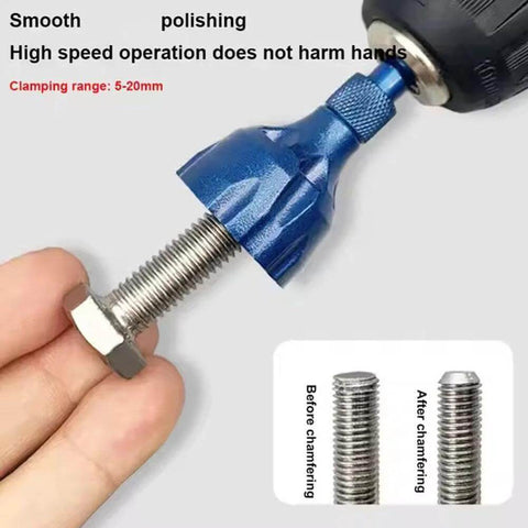 Side view of titanium-coated countersink chamfer tool with blue housing and knurled grip, screw-in steel bit.