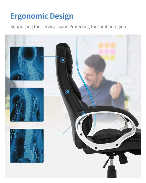 Ergonomic High Back Office Chair With Lumbar Support showcasing spine alignment benefits, black leather with armrests