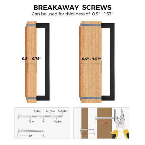 Breakaway screws detail for Matte Black Square Cabinet Handles Set for Kitchen Drawers 7.5 Inch Hole Centers 8 Inch Total Length.