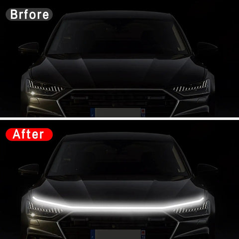 Before and after view of 70 Inch White LED DRL Car Hood Light Strip With Dynamic Scan Start Up For Cars Trucks And SUVs 12V.