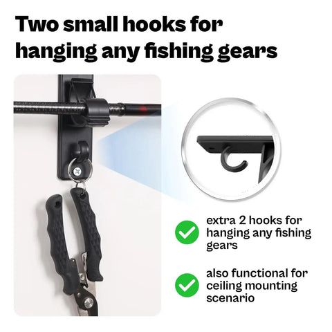 Wall And Ceiling Mount Fishing Rod Rack With Rubber Band Clamp Technology Holds Six Rods And Two Gear Hooks For Garage Storage