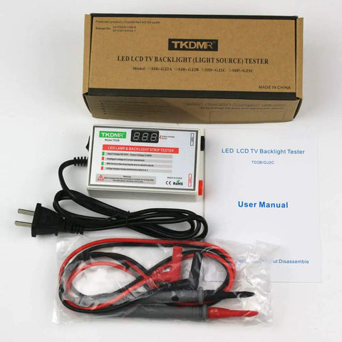 LED TV Backlight Tester Tool For All LED Light Repairs with accessories and manual shown in packaging