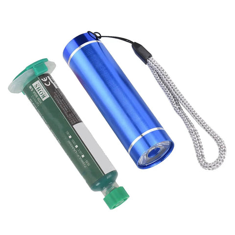 BGA Reball Stencil Solder Mask Kit With UV Curing Lamp for PCB Repair featuring a UV lamp and green oil container.
