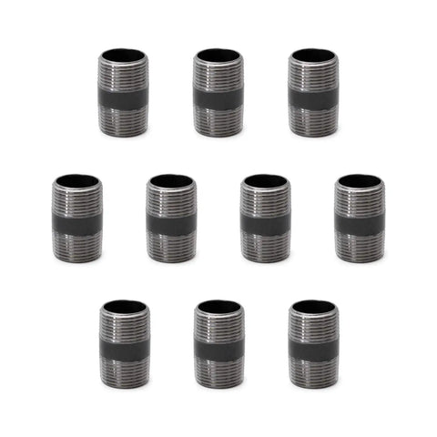 Industrial Pipe Nipple Set, 10 Pack Tough As Nails Heavy Duty Grey Iron Pre Cut Steel Pipes For Vintage Style DIY Furniture Shelving Projects, 1 Inch By 2 Foot Threaded Nipples Built To Last shown in grid layout