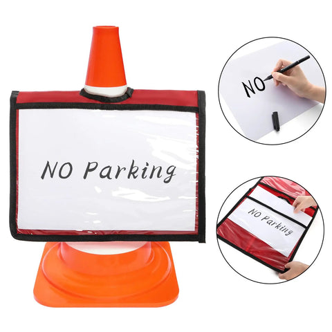 12 Pack Traffic Cone Sleeve With Pockets For Caution And Safety Signs Colorful Cone Covers For Outdoor Activities Parking Lots Sports Training Warning Messages 6 Color Options Your Go To Safety Gear displaying 'No Parking' sign