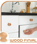 50 Pack Unfinished Wood Finials And Dowel Rod Caps With Classic Ball Shape For DIY Cabinet Hardware and Furniture Upgrades, natural wood drawer knobs on a cabinet.