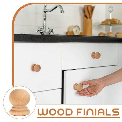 50 Pack Unfinished Wood Finials And Dowel Rod Caps With Classic Ball Shape For DIY Cabinet Hardware and Furniture Upgrades, natural wood drawer knobs on a cabinet.