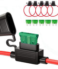 Beefy 12 Gauge Inline Fuse Holder Set Of 5 With 30 Amp ATC And ATO Blade Fuses, 8.7 Inch Leads, Rubber Cap, green fuses