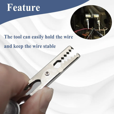 Close-up of a silver soldering wire clip holder with serrated jaws, held by fingers.