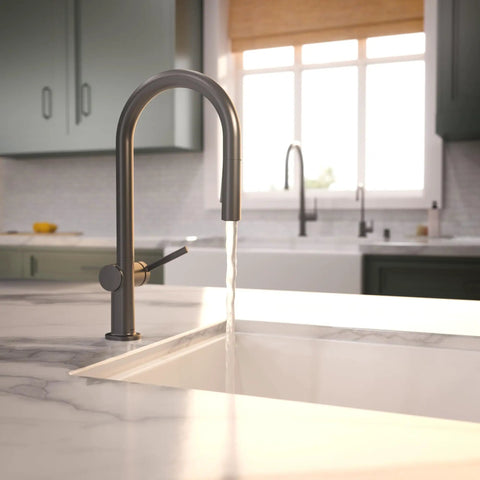 hansgrohe Talis N Pull Down Kitchen Faucet, Modern, Magnetic Hand Sprayer, 1-Handle, 1.75 GPM, Brushed Black Chrome water stream in kitchen.