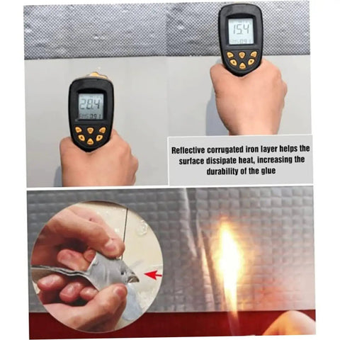 Measuring temperature on Heavy Duty Butyl Aluminum Foil Tape Sealant 2 Rolls That Work Like A Champ For Emergency Roof Leak Repair And Window Crack Fix Outdoor Pipe Leak Stop Tape Waterproof Sealing Tape For Glass Metal Wood Plastic Tiles And More with thermometer.