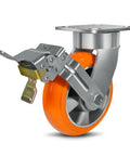 6X2 Inch Real Heavy Duty Casters Rolling Smooth As Butter On The Shop Floor, Kingpinless Crowned Polyurethane Tread With Solid Aluminum Core Wheel, Rust Proof Build Handles Massive 2500 Pound Loads Easy close-up of heavy duty caster with orange polyurethane tread and locking mechanism.