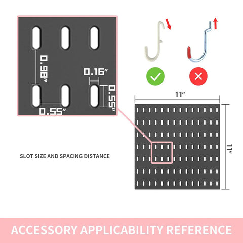 Slot size and spacing for Pegboard Organizer Kit With 13 Accessories No Punching 22X22 Inch Wall Mount For Garage Kitchen Living Room Office.