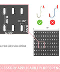 Diagram showing slot size for pegboard wall organizer kit with shelf and hooks no drill no mess easy install white 33x22 inches
