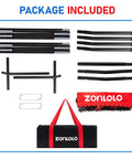 Disassembled parts of a 6x6 ft football training net with three target pockets and carry bag for backyard and field use