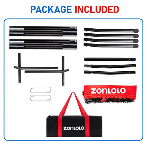 Disassembled parts of a 6x6 ft football training net with three target pockets and carry bag for backyard and field use
