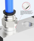 Five Way Two Position Air Valve Workhorse with NPT ports and hand lever control showing thread sealing detail.