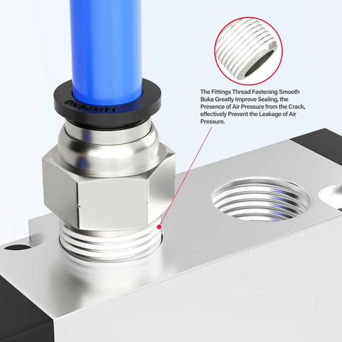 Close-up of thread fastening on Three Way Two Position Air Valve With 1/4 NPT P A Ports And 1/8 NPT R Port Hand Lever Manual Control.