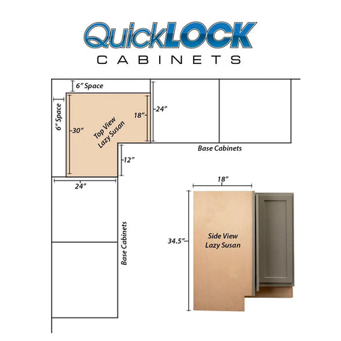 Zero Drama Setup Shaker Base Kitchen Cabinet With Lazy Susan dimensions diagram showing 18 x 30 x 34.5 inches and layout details.