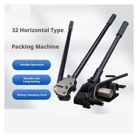 Heavy Duty Steel Strapping Machine Tool Kit Featuring Manual Sealer And Tensioner Set For 32mm Heavy Gauge Banding Supplies Industrial Packaging Solutions Reliable And Efficient shown with horizontal packing machine and levers.