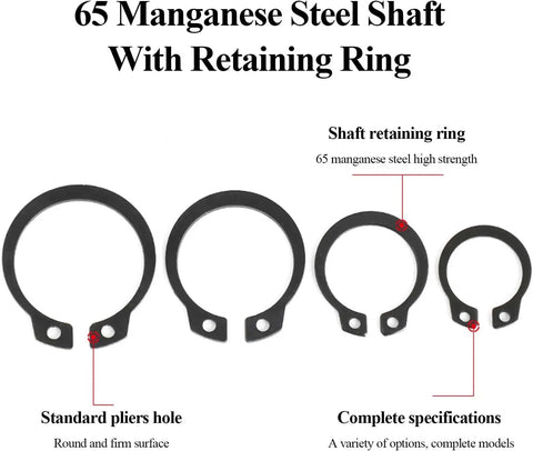Grab This Awesome 5 Pcx External Retaining Ring Set For Bearings And Gears Made From Tough 65Mn Spring Steel With Black Plating To Hold Strong In High Heat And Heavy Duty Machinery Jobs For Your Toolbox Now, featuring four black retaining rings.