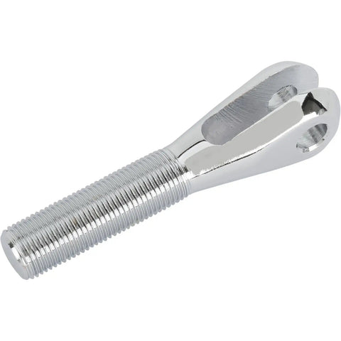 Raw Steel Clevis Linkage End Featuring 5/8 Inch Right Hand Fine Thread With 3/8 Inch Pin Slot shown from side angle.