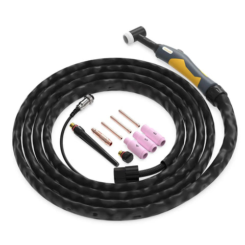 TL-200TP Pro TIG Welding Torch Replacement with 4M Cable, showing collets, collet body, gas nozzles, and back caps setup kit