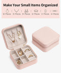 Open and closed Compact Travel Jewelry Case For Women Grab And Go Style, Waterproof PU Leather With Soft Flannel Lining, Tiny 3.9x3.9x2 Inch Organizer with jewelry compartments.