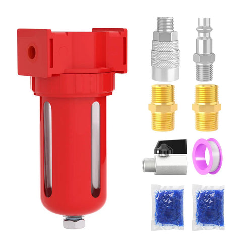 One Quarter Inch NPT Air Desiccant Dryer System With Beads Bag, aluminum body, fittings, and beads for compressed air drying.