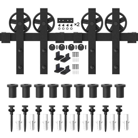 Black Wood Double Sliding Barn Door Hardware Kit With Big Spoke Wheel Rollers, industrial-grade steel with mounting hardware