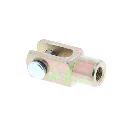 Beefy Three Eighths Inch Fine Thread Steel Clevis End With Pin And Cotter Key For Master Cylinder Or Booster Pushrod To Brake Pedal Arm Universal Fit Linkage Connector For Ride Ready Precise Adjustment And Reliable Pedal Hookup close-up