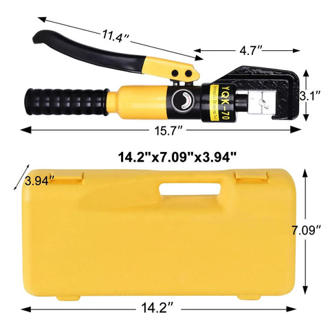 10 Ton Hydraulic Crimp Tool For Battery Cables with dimensions, yellow carry case, shown with measurement details.