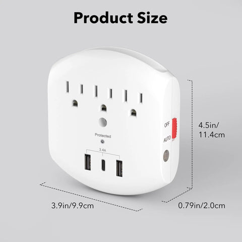 Six In One Outlet Extender With Three USB Ports And Three Grounded Outlets, Dusk To Dawn Night Light, product dimensions