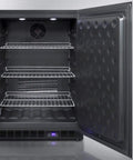 Interior view of Under Counter Upright Freezer Built In Or Freestanding Zero Mess Frost Free Design with chrome racks and digital display.