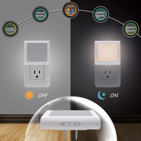 Plug In LED Night Light With Auto Dusk To Dawn Sensor And Stepless Brightness Adjustment From 0 To 15 Lumens Warm White Glow
