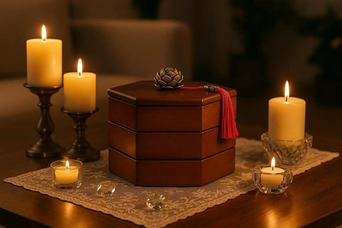 Hexagonal Wooden Dry Fruit Tray With Lid Snack Serving Box for Nuts Dried Fruits Chocolates and Snacks displayed on table