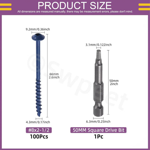 100 Piece Pocket Hole Screw Set 8 By Two And A Half Inch Coarse Thread Self Tapping Screws with square drive bit sizes shown