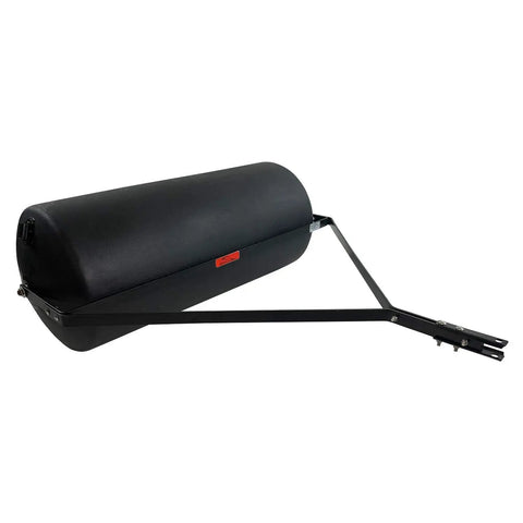 Heavy Duty Tow Behind Poly Lawn Roller 42 Gallon 390 Pound Capacity with 18 by 36 Drum, side view of black drum and frame.