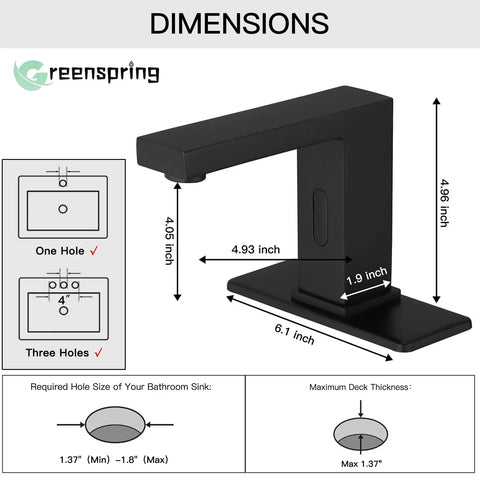 Touchless Bathroom Faucet Matte Black With Motion Sensor Hands Free Sink Faucet For Commercial Or Home Use Modern Single Hole Vanity Tap With Deck Plate Hot And Cold Mixer