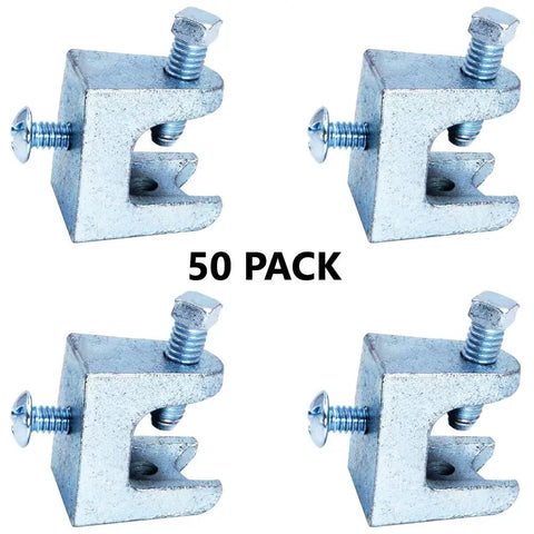 Fifty Pack Hella Tough I Beam Clamps For Securing Fire Extinguishers Without The Drill Hassle Includes All Necessary Screws Dead Simple Snap On Setup Straight Up Dependable Gear In Silver, close-up of silver clamps.