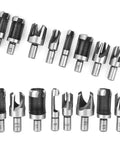 High Carbon Steel Wood Plug Cutter And Dowel Maker Tool Fits Bench Drills And Electric Drills, set of punches in various sizes.