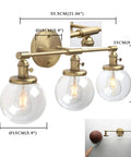 Three Light Antique Brass Wall Sconces With Clear Glass Globes Dope Industrial Vanity Lighting For Bathroom And Living Room