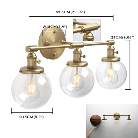 Three Light Antique Brass Wall Sconces With Clear Glass Globes Dope Industrial Vanity Lighting For Bathroom And Living Room