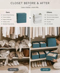 Premium Bra Storage Box With Lid, Elegant Closet Organizer For Lingerie And Underwear shown in organized closet before and after.