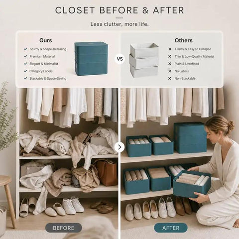 Premium Bra Storage Box With Lid, Elegant Closet Organizer For Lingerie And Underwear shown in organized closet before and after.